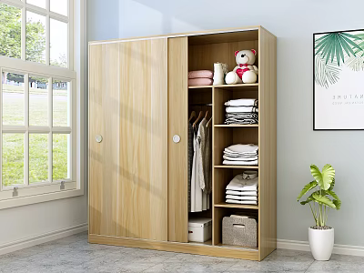 Wooden Double Door Wardrobe Featuring Hanging Clothes Folded Layers Storage Boxes And Stuffed Toy In Bright Room 3d model