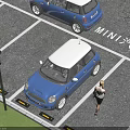 Parking Lot With Blue MINI Cars Woman White Parking Lines Lamp And Yellow Wheel Stops