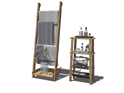 Multi Tier Bamboo Bathroom Rack with Towel Storage Toiletries and Decorative Plants 3d model