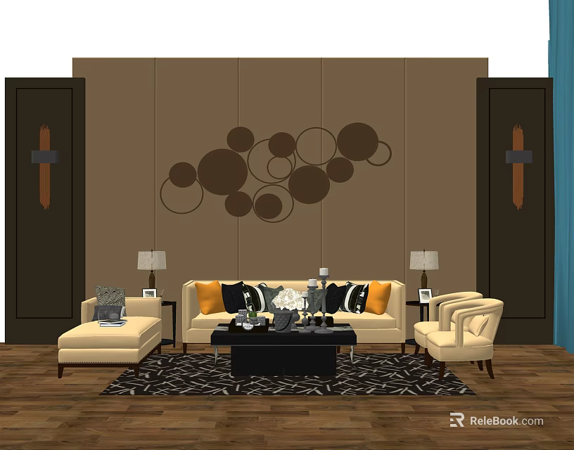 Modern Sofa And Coffee Table Set With Armchairs Throw Pillows And Circular Wall Decor 3d model
