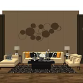 Modern Sofa And Coffee Table Set With Armchairs Throw Pillows And Circular Wall Decor 3d model