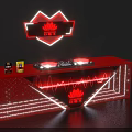 Red DJ Bar Counter With Neon Heart Lotus Logo And Equipment Drinks