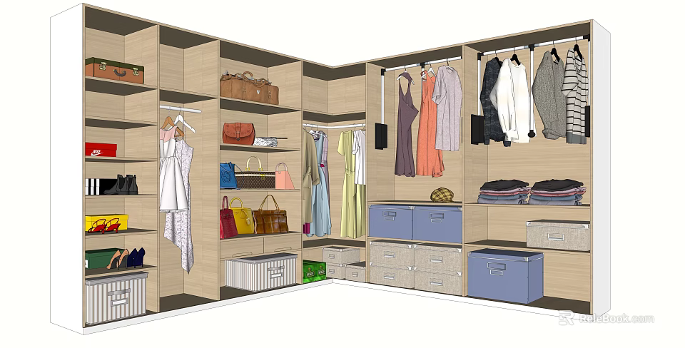 Modern Walk in Closet Interior With Hanging Clothes Bags Shoes Drawers And Storage Boxes 3d model 