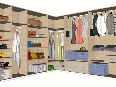 Modern Walk in Closet Interior With Hanging Clothes Bags Shoes Drawers And Storage Boxes 3d model