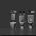 Three Different Styles of White Toilets with Towel Racks Toiletries on Gray Walls and Floor