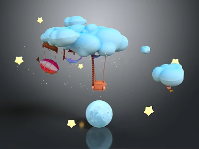 Floating Clouds With Hot Air Balloons Stars And Moon In Night Sky 3d model
