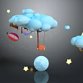 Floating Clouds With Hot Air Balloons Stars And Moon In Night Sky