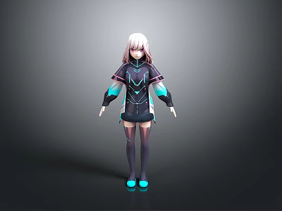 3D Female Character Model With White Hair Black Outfit And Blue Accents 3d model