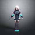 3D Female Character Model With White Hair Black Outfit And Blue Accents