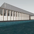 Modern Sales Office Building With Horizontal Glass Facade And Water Surface Reflection