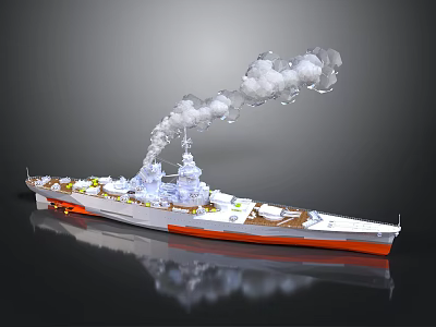 Detailed Battleship Watercraft Model With White Orange Hull And Smoke Emission 3d model
