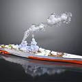 Detailed Battleship Watercraft Model With White Orange Hull And Smoke Emission
