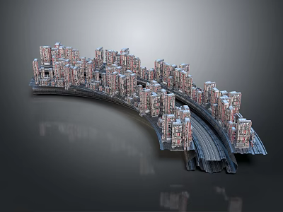 Cartoon City Scene With Curved Structure Mini Buildings And Railway Track 3d model