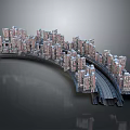 Cartoon City Scene With Curved Structure Mini Buildings And Railway Track