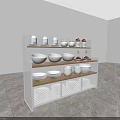 Black Kitchen Storage Shelf With White Bowls Mugs Brown Containers And Metal Mesh Baskets