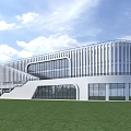 Modern Stadium Building with White Exterior Glass Curtain Walls and Geometric Architectural Design