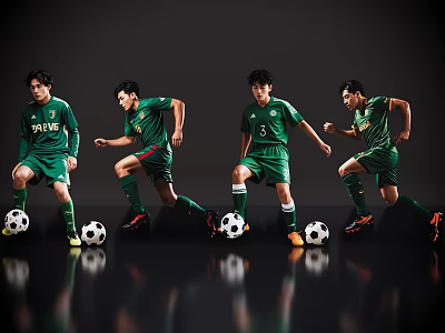 Men In Green Football Jerseys Running With Soccer Balls On Reflective Floor 3d model