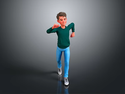 Child Wearing Green Sweater Blue Jeans And White Sneakers Dancing On Gray Gradient Background 3d model