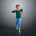 Child Wearing Green Sweater Blue Jeans And White Sneakers Dancing On Gray Gradient Background