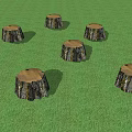 Six Tree Stumps With Light Colored Tops On Green Grass Field 3d model