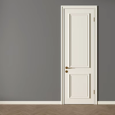 White Hinged Door With Simple Design And Brass Handle On Gray Wall 3d model