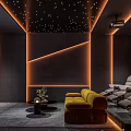 Modern Home Theater With Yellow Sofa Gray Recliners And Star Lit Ceiling 3d model