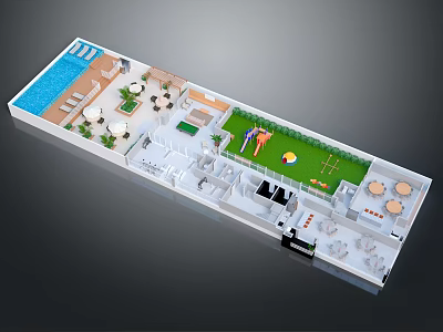 Cartoon Themed 3D Scene Layout With Indoor Outdoor Pool Lawn And Tables Chairs 3d model