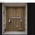 Organized Cleaning Tools Storage On Wooden Wall With Hanging Rack And Shelves