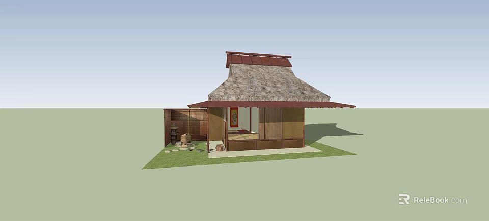 Traditional Japanese House with Thatched Roof Wooden Structure Red Door and Stone Lantern in Courtyard 3d model 