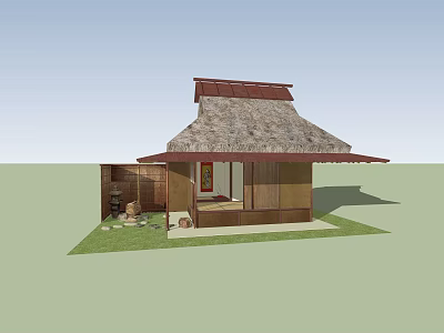 Traditional Japanese House with Thatched Roof Wooden Structure Red Door and Stone Lantern in Courtyard 3d model