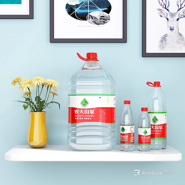 Bottled Water Nongfu Spring Large Bucket Small Bottles With Yellow Flowers Vase Light Blue Wall 3d model 