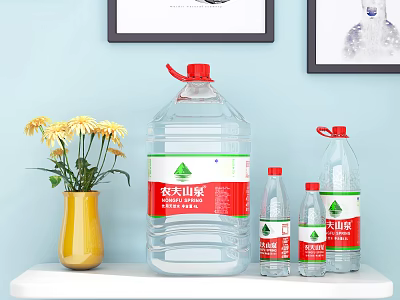Bottled Water Nongfu Spring Large Bucket Small Bottles With Yellow Flowers Vase Light Blue Wall 3d model
