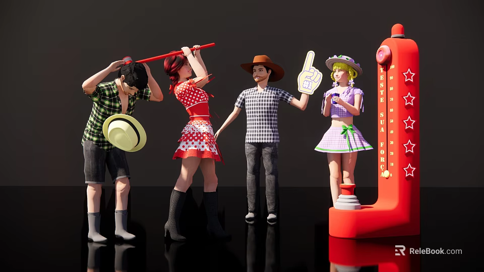 Group of People in Casual Outfits Holding Red Stick Number 1 Sign Near Red Star Machine 3d model 