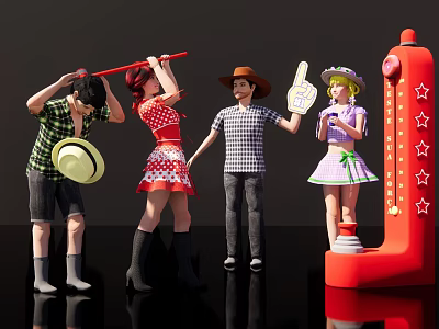 Group of People in Casual Outfits Holding Red Stick Number 1 Sign Near Red Star Machine 3d model