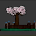 Scenic View With Pink Cherry Blossom Tree Blue Roof Pavilions Green Grass And Wooden Fence