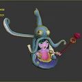 Woman With Purple Hair Sitting On Blue Octopus Holding Magic Wand With Pink Flower