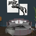 Gray Round Bed With Pillows Blue Wall Art And Plant In Modern Living Room