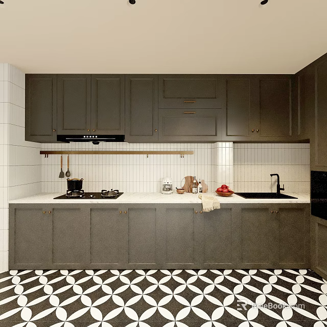 Modern Stylish Kitchen Interior With Dark Grey Cabinets White Countertops And Patterned Floor Tiles 3d model 