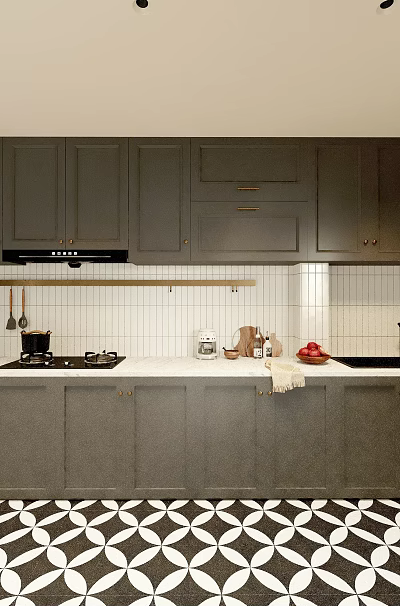 Modern Stylish Kitchen Interior With Dark Grey Cabinets White Countertops And Patterned Floor Tiles 3d model