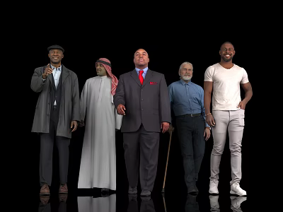 Diverse Group of Men Standing Together in Various Attire Against Black Background 3d model