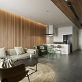 Modern Living And Dining Room Interior With Wooden Wall Panels White Cabinets And Dark Flooring