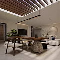 Modern Basement Living Room With White Sofa TV Wooden Ceiling And Green Plant