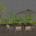 Outdoor Wooden Dining Table And Chairs Set With Umbrella In Patio Garden Lush Green Plants