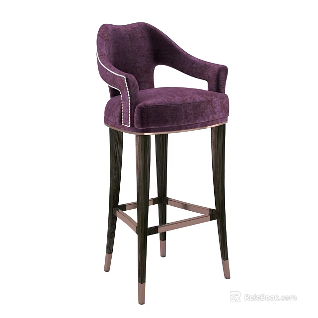 Purple Upholstered Bar Stool With Armrests Dark Wooden Legs And Metal Accents 3d model 