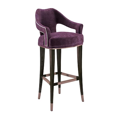 Purple Upholstered Bar Stool With Armrests Dark Wooden Legs And Metal Accents 3d model