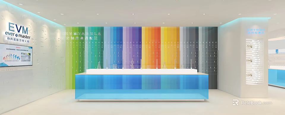 Vibrant Beauty Hair Salon Blue Reception Desk With Colorful Gradient Wall And Lighting 3d model 