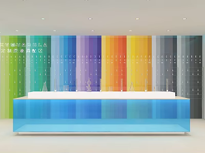 Vibrant Beauty Hair Salon Blue Reception Desk With Colorful Gradient Wall And Lighting 3d model