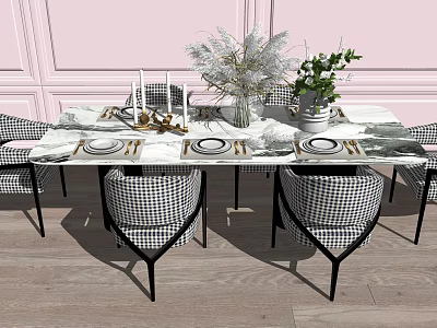 Elegant Dining Table Set With Marble Tabletop Black And White Checkered Chairs Pink Wall Paneled Design 3d model