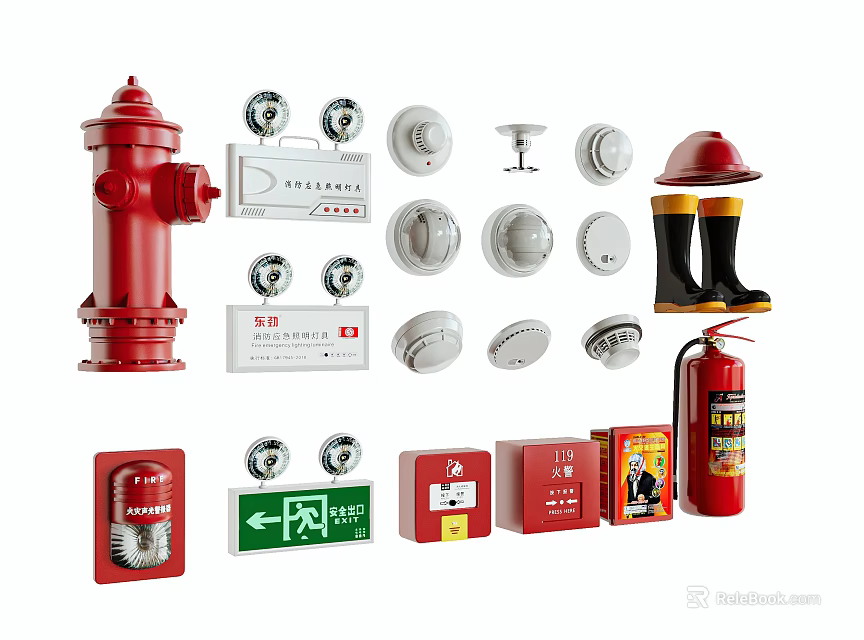 Essential Fire Protection Equipment Featuring Hydrant Smoke Detectors Extinguishers Emergency Exit Signs And Fire Boots 3d model 