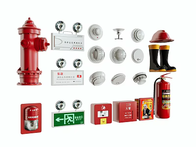 Essential Fire Protection Equipment Featuring Hydrant Smoke Detectors Extinguishers Emergency Exit Signs And Fire Boots 3d model